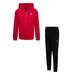 Jordan kids red hooded zip-up sweatshirt and black jogger pants set on a white background.