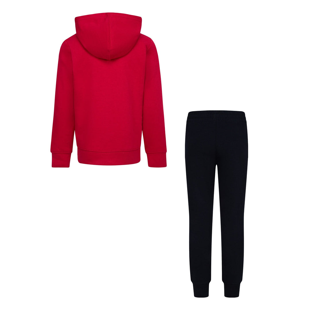 Kids' red hooded sweatshirt and black jogger pants set shown from the back on a white background.