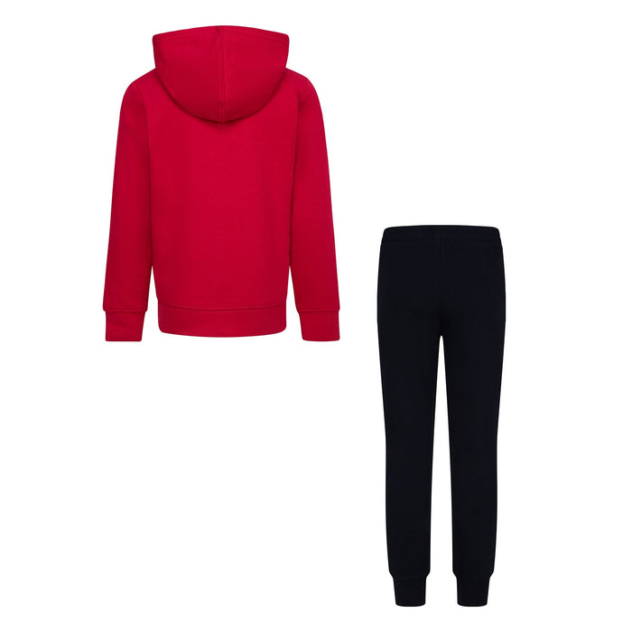 Kids' red hooded sweatshirt and black jogger pants set shown from the back on a white background.