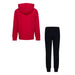 Kids' red hooded sweatshirt and black jogger pants set shown from the back on a white background.