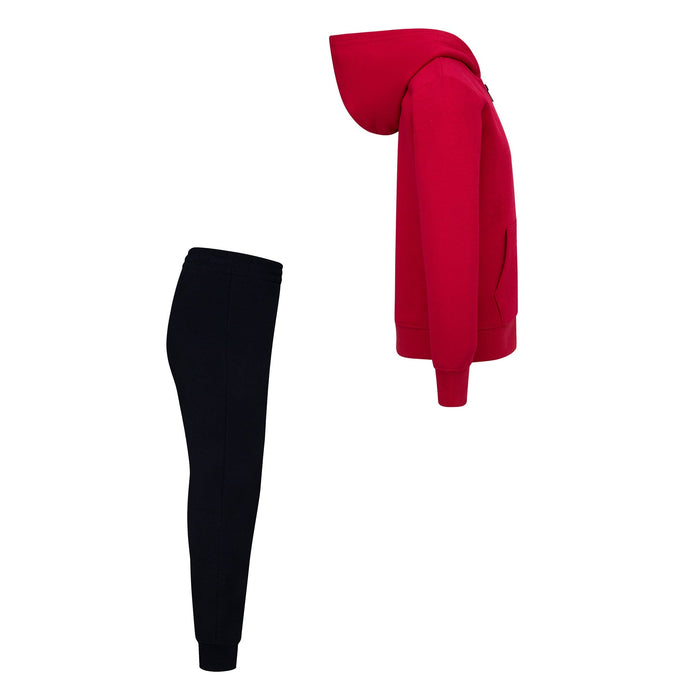 Kids red hoodie and black jogger pants set displayed side by side on a white background.