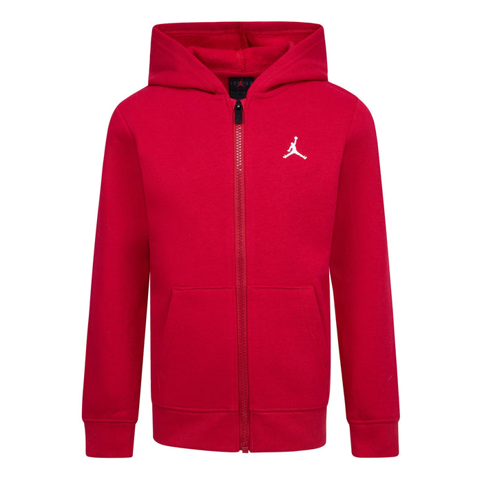 Jordan kids' red zip-up hoodie with white logo, front view on white background.