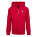 Jordan kids' red zip-up hoodie with white logo, front view on white background.