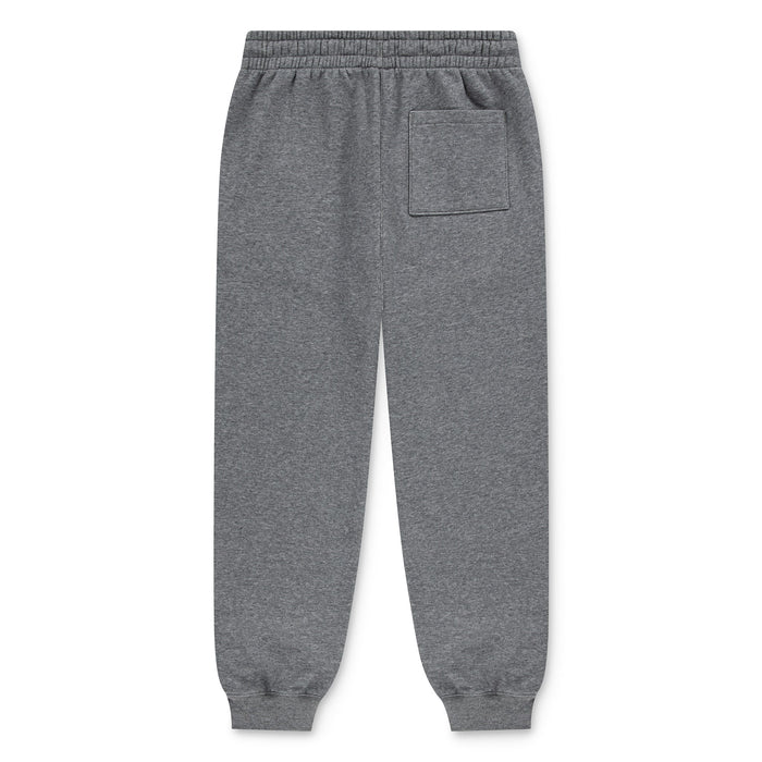 Grey fleece jogger pants for kids shown flat with elastic waistband and back pocket.