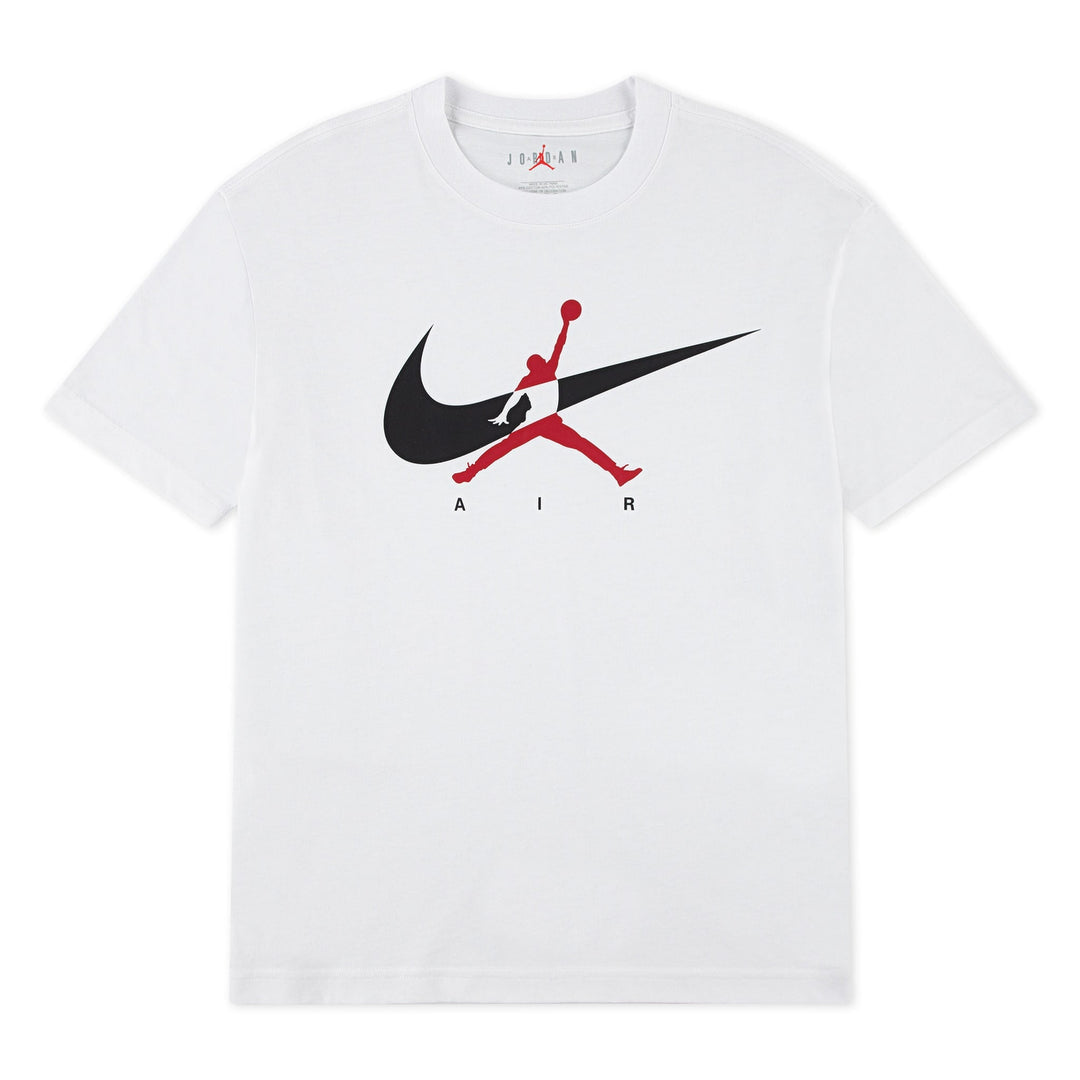 Jordan kids' white t-shirt with Nike swoosh and red Jumpman logo, shown flat against white background.