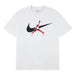 Jordan kids' white t-shirt with Nike swoosh and red Jumpman logo, shown flat against white background.