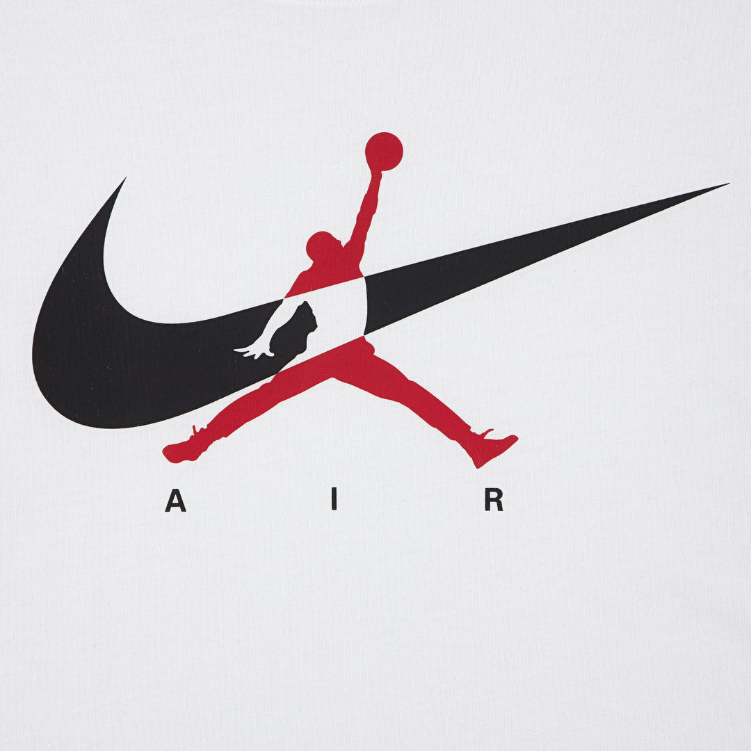 Air Jordan logo with red silhouette and black Nike swoosh on a white background.