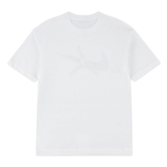 Jordan kids' white short sleeve t-shirt displayed flat on a white background.