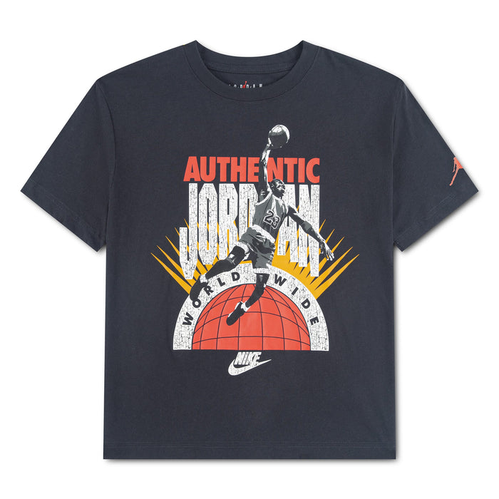 Jordan kids' black graphic t-shirt with basketball player print and colorful worldwide text on front.