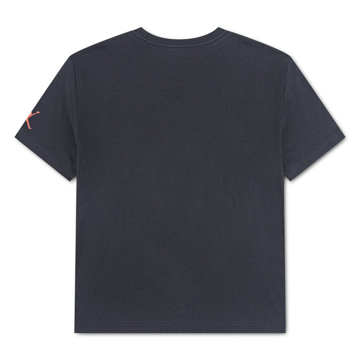 Jordan kids' black short sleeve t-shirt shown flat, featuring a small red logo on the sleeve.