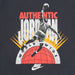 Jordan shirt with basketball player graphic, red and white text, and Nike logo on black fabric.