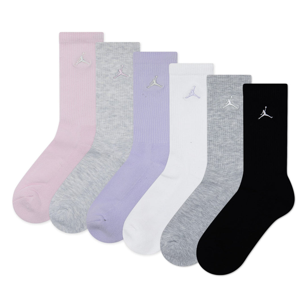 Jordan crew socks for kids in assorted pastel, white, grey, and black colors shown side by side.