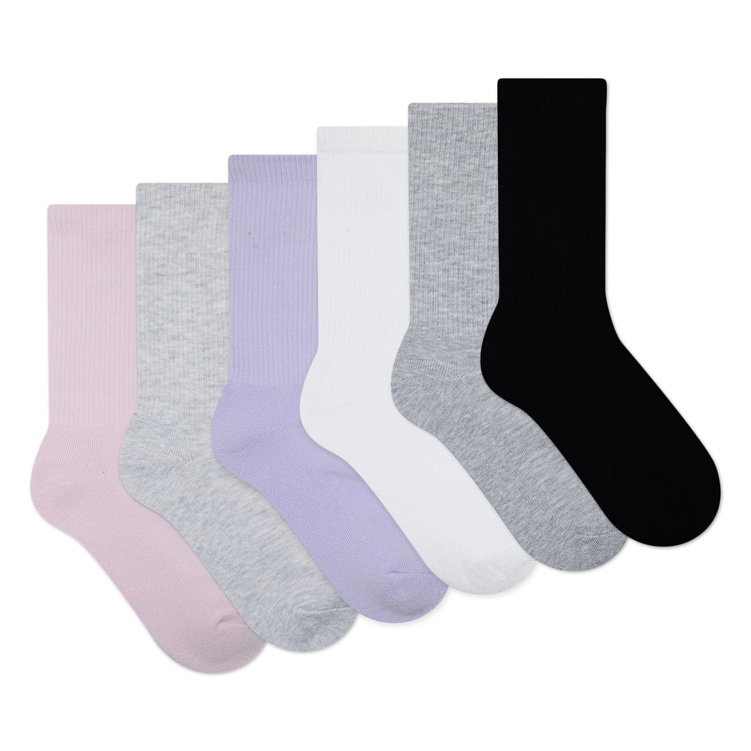 JOR-BJ0583-A9Y assorted kids crew socks in pastel and neutral colors displayed side by side on white background.
