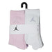 Jordan kids crew socks in pastel pink, white, and grey, displayed in retail packaging on a hanger.