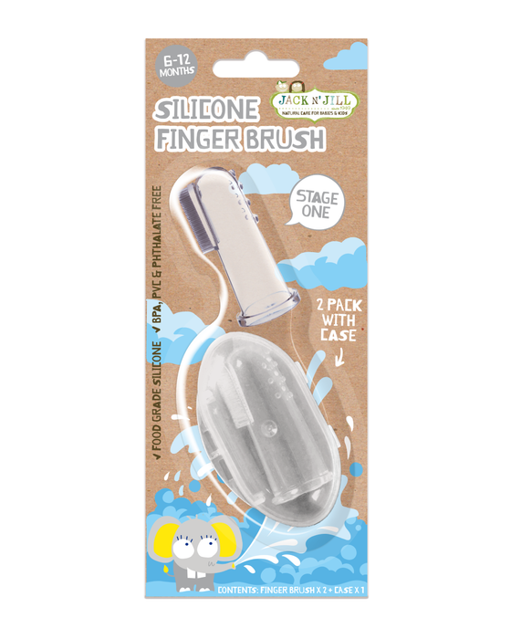 Jack N’ Jill Silicone Finger Brush in clear case, shown in retail packaging for babies 6–12 months.