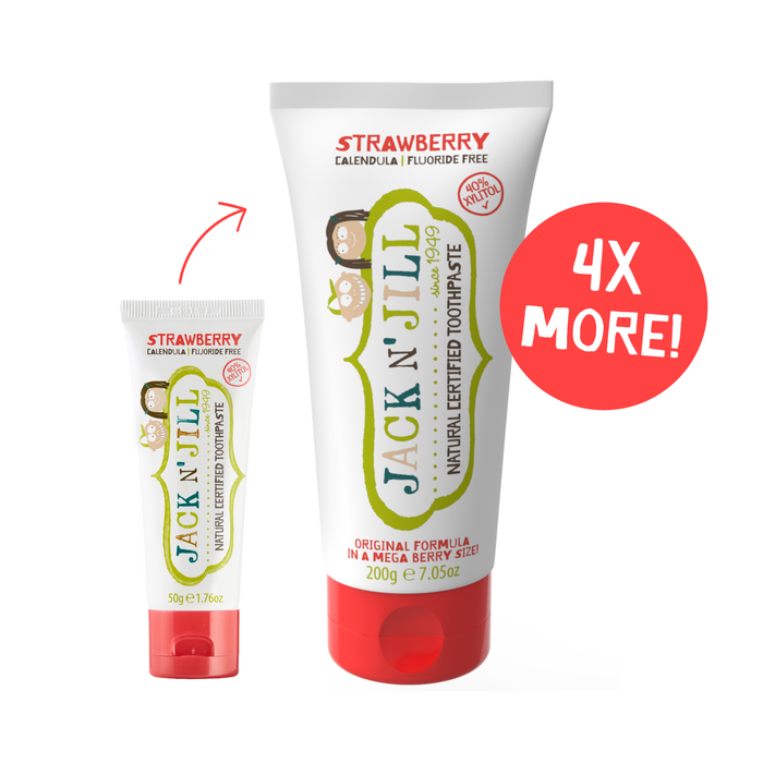 Jack N' Jill Strawberry Toothpaste two sizes with red cap on a white background, highlighting 4X more.
