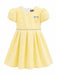 Kids Energy yellow dress with puff sleeves and decorative waist detail shown on white background.