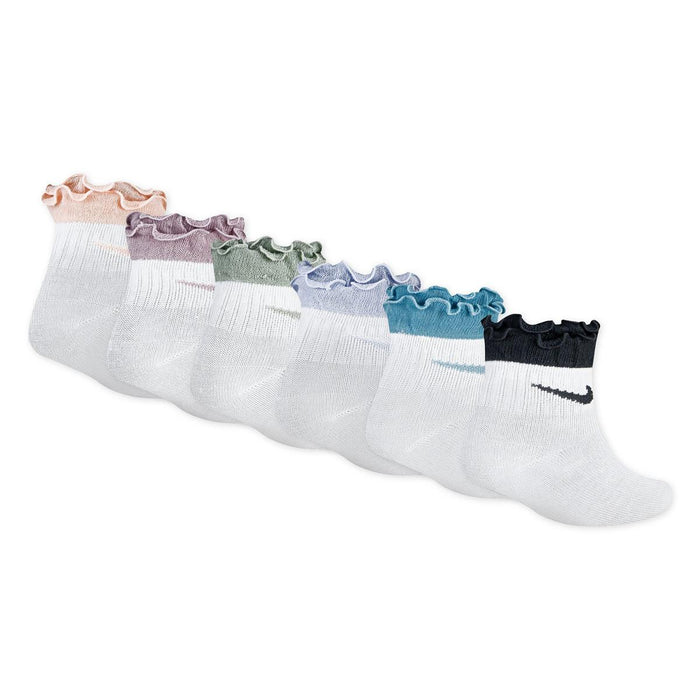 Kids Ruffle Ankle Sock 6-Pack displayed in a row with assorted pastel and black ruffled cuffs.