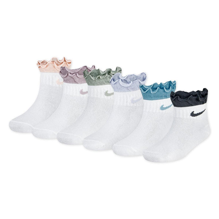 Kids Ruffle Ankle Sock 6-Pack displayed in a row, each with a different colored ruffle cuff.