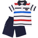 Boys' striped polo shirt with collar and navy shorts set displayed on a white background.