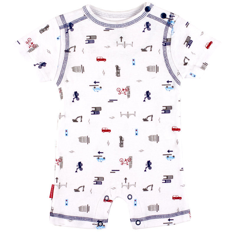 Baby romper with short sleeves featuring a city vehicle print, displayed flat on a white background.