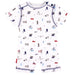Baby romper with short sleeves featuring a city vehicle print, displayed flat on a white background.