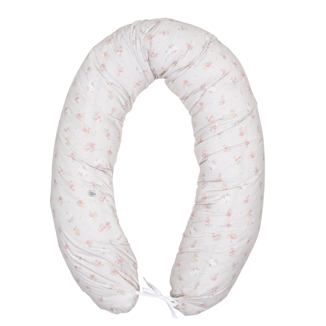 U-shaped pregnancy pillow with soft floral print on a white background