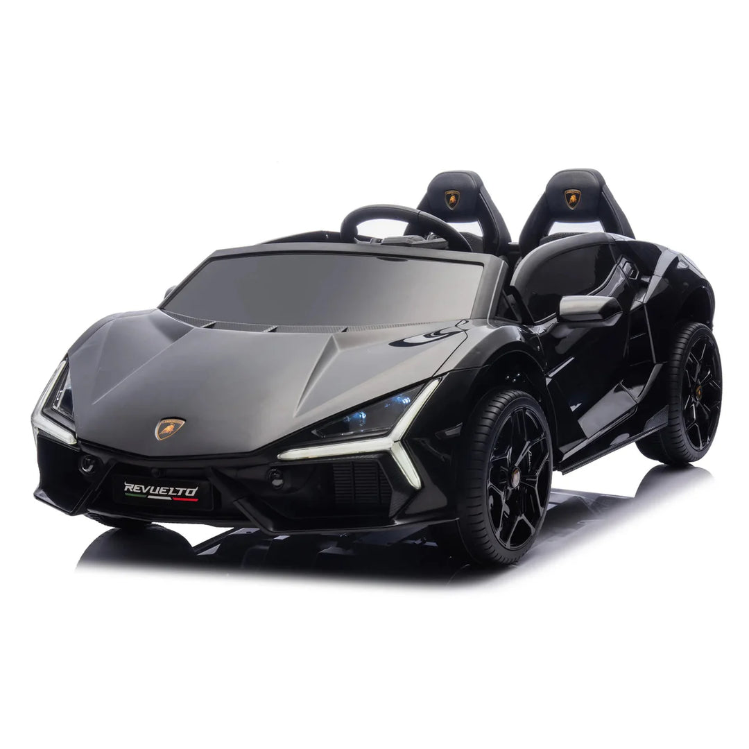 Black Lamborghini Revuelto 24V kids ride-on car with two seats, realistic design, and LED lights