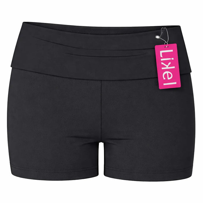 Like! black cotton girls' shorts displayed on a white background with a pink brand tag.