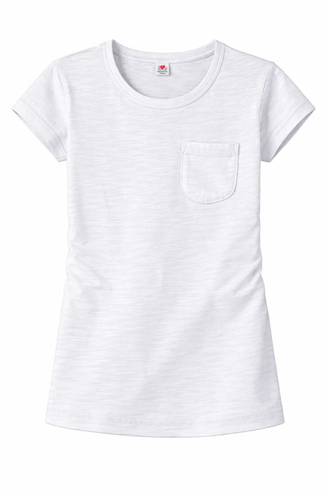 Like Youth girls' white pocket shirt displayed flat on a white background.