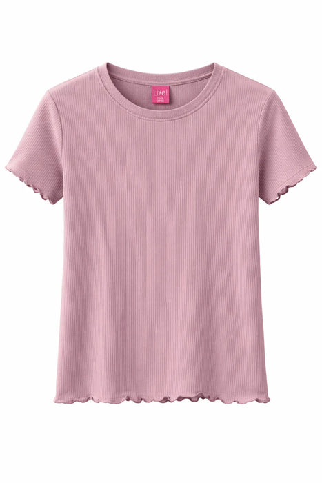 Like! ribbed youth shirt in mauve, short sleeves with lettuce hem, shown on white background.