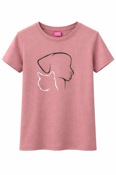 Like! youth mahogany print shirt with dog and cat outline graphic, laid flat on white background.