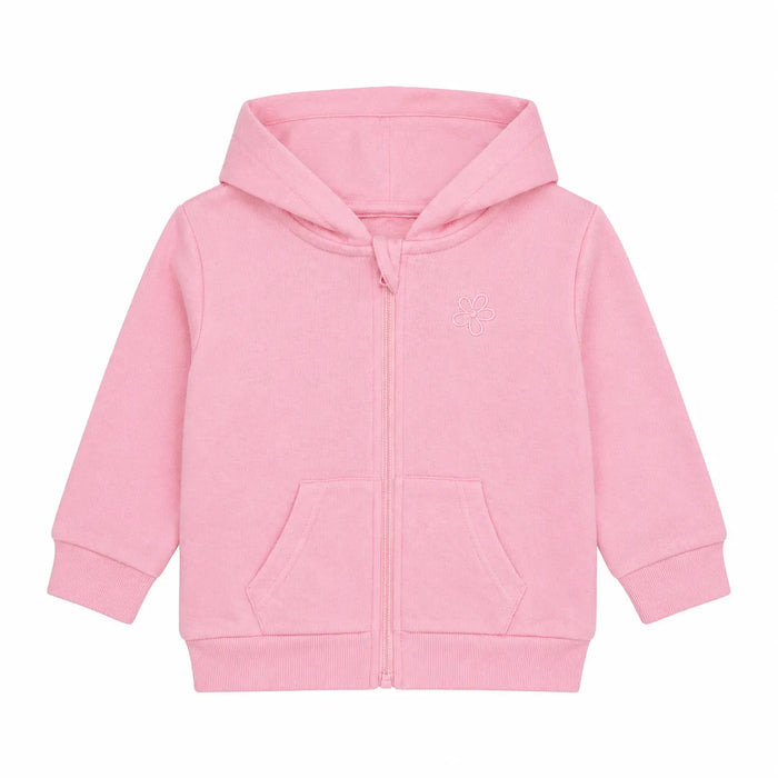 Pink baby hoodie with zipper and front pockets shown on a plain white background.