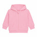 Pink baby hoodie with zipper and front pockets shown on a plain white background.