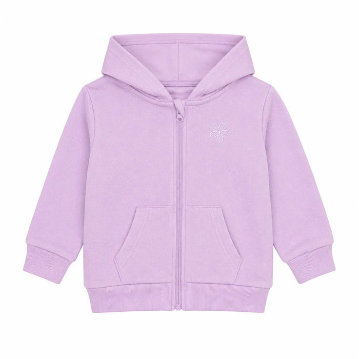 Lilac baby hoodie with flower embroidery, front zip, and pockets shown flat on a white background.