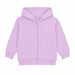 Lilac baby hoodie with flower embroidery, front zip, and pockets shown flat on a white background.