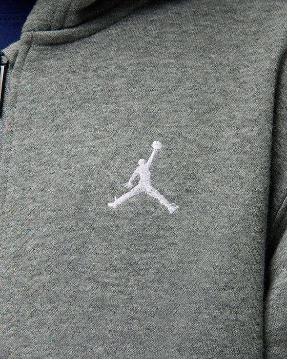 Jordan grey fleece zip hoodie close-up showing embroidered logo on chest.