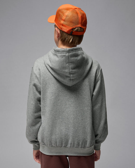 Boy in a grey hooded fleece zip sweater and orange cap shown from the back against a plain background.