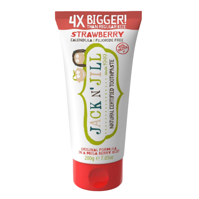 Jack N’ Jill Strawberry Natural Toothpaste 200g tube upright on white background.