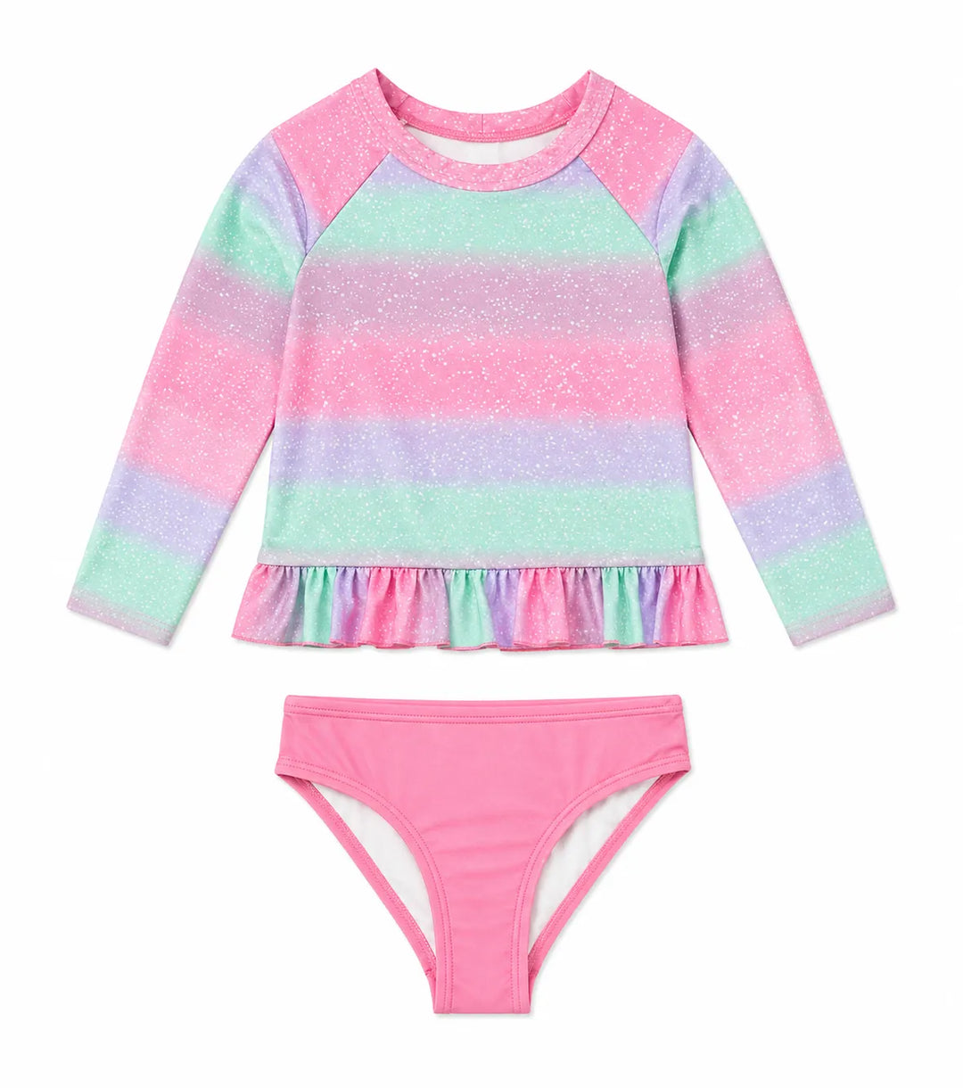 Girls' pink and pastel long sleeve swim set with ruffled hem and matching bottoms on white background.