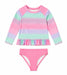 Girls' pink and pastel long sleeve swim set with ruffled hem and matching bottoms on white background.