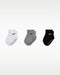 Nike baby gripper socks in white, grey, and black displayed side by side on a plain background.