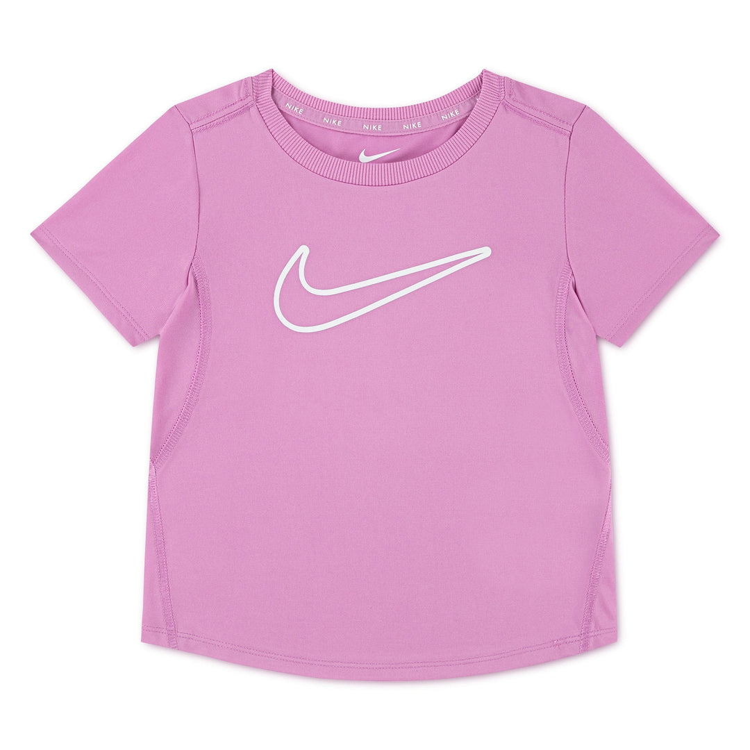 Nike kids pink short sleeve t-shirt with white logo displayed flat on a white background.
