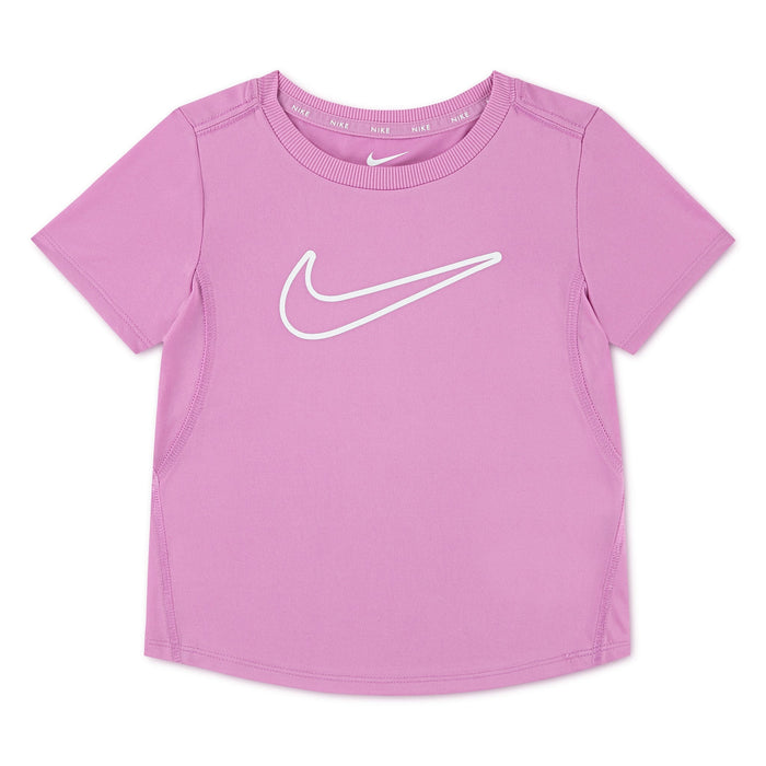 Nike kids pink short sleeve t-shirt with white logo displayed flat on a white background.
