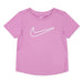 Nike kids pink short sleeve t-shirt with white logo displayed flat on a white background.