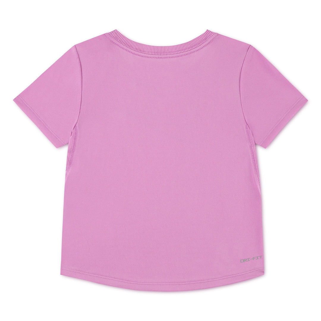 Nike Dri-FIT kids pink short-sleeve t-shirt shown flat on a white background.