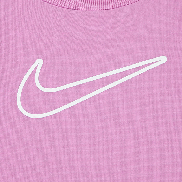 Nike kids’ pink sweatshirt featuring a white swoosh logo on the chest.