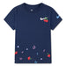 Nike kids' navy blue t-shirt with cherry and heart prints, shown flat on a white background.