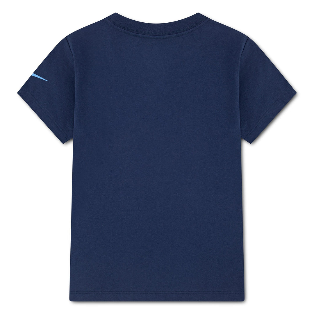 NIK short sleeve navy kids t-shirt displayed flat with a small blue detail on the sleeve.