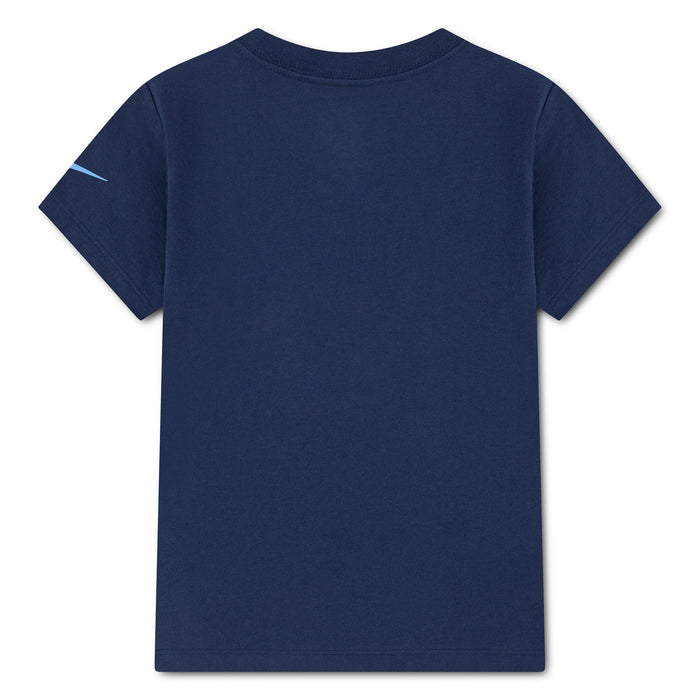 NIK short sleeve navy kids t-shirt displayed flat with a small blue detail on the sleeve.